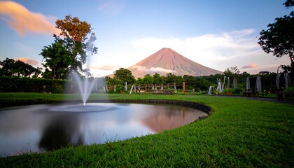 A tranquil garden setting, featuring a fountain reflecting in a pond, with a majestic volcano in the background, bathed in the soft light of dawn.