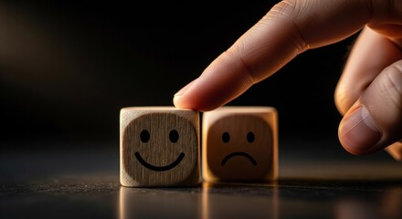 Mood Selection: An intimate close-up focuses on a fingertip poised to make a pivotal choice between a smile and a frown on wooden cubes, representing a powerful metaphor for decisions.