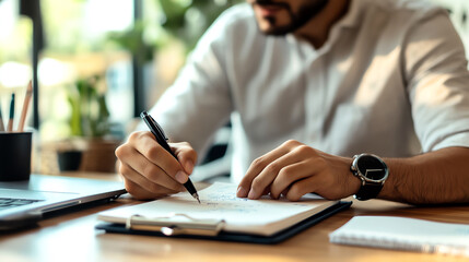 man writing notes in planner on clean desk
