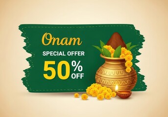 Onam special offer 50 off with traditional pot, marigold flowers and diya lamp illustration