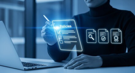 Digital Policy Review: A person interacts with a holographic interface displaying policies, symbolizing meticulous review and careful consideration.
