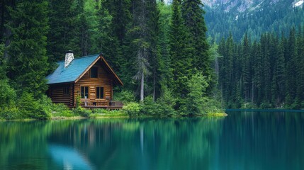Fototapeta premium A serene wooden cabin nestled among tall pine trees beside a tranquil lake, reflecting the vibrant greenery and mountains in the background.
