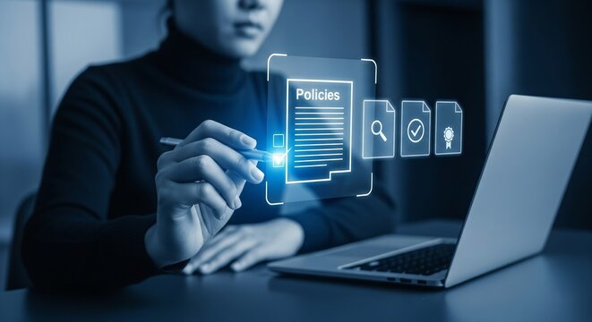 Digital Policies: A person interacts with an augmented reality interface overlaying a laptop, symbolizing the modern approach to policy management and information processing.