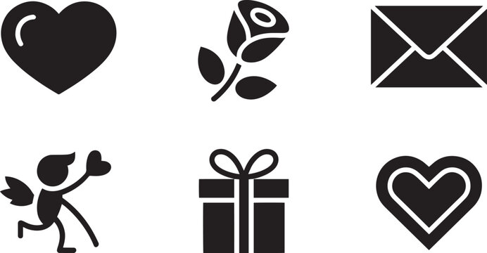 Affection Icons Vector Set Featuring Heart, Rose, Letter, Cupid, Gift, and Heart Outline