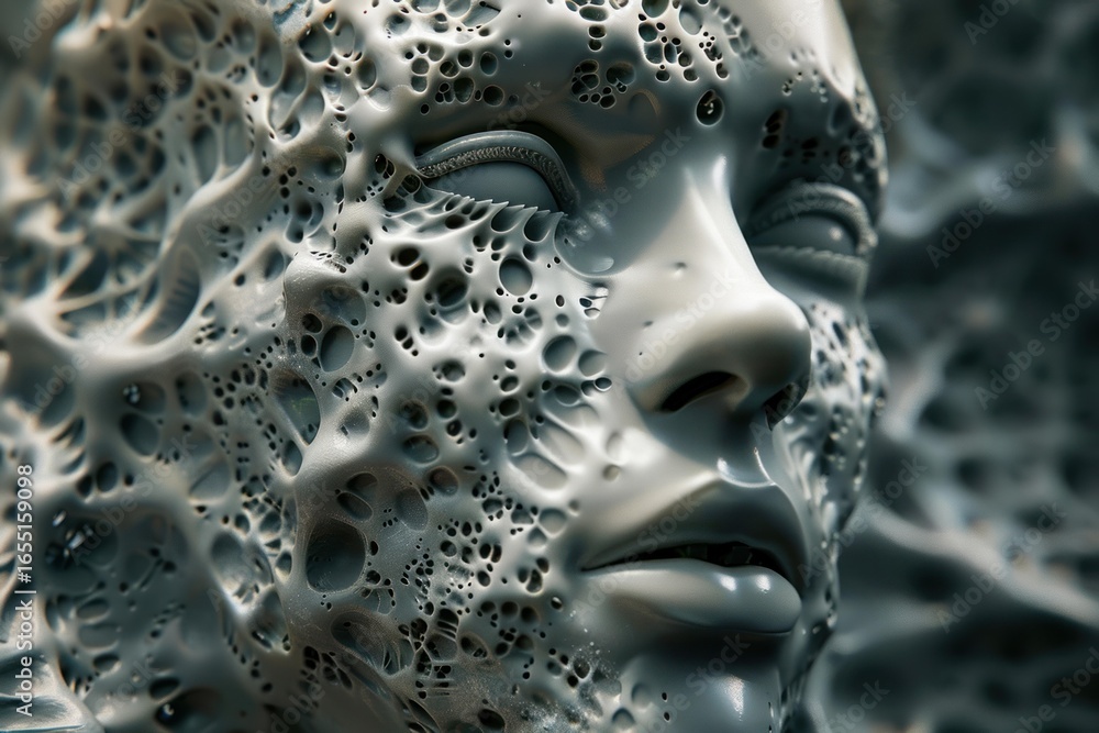 Poster artificial intelligence face transforming and melting, symbolizing the merging of consciousness with