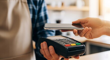 Mobile Payment Transaction: A close-up shot showcases a customer using a mobile phone to complete a contactless payment at a point-of-sale terminal, offering a glimpse into the future of finance.