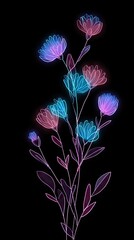 Neon flowers bloom against black