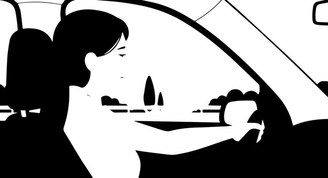 Highcontrast black and white graphic of a woman with dark hair driving a car.