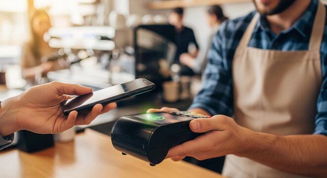 Contactless Payment: A customer makes a mobile payment via a smartphone at a counter in a coffee shop. Capturing the modern ease and convenience of digital transactions.