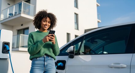 Electric Vehicle Charging and Smartphone Usage: An individual happily engages with their smartphone while charging an electric vehicle (EV) outside a modern residential complex.