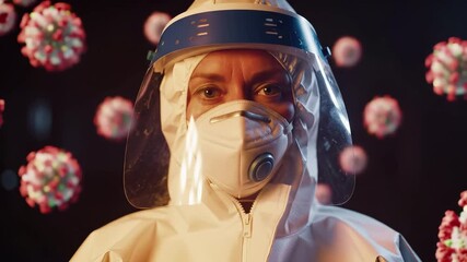 Healthcare worker in white hazmat suit with face shield and respirator mask. Medical professional wears protective ppe equipment for virus prevention and biosafety during pandemic response.