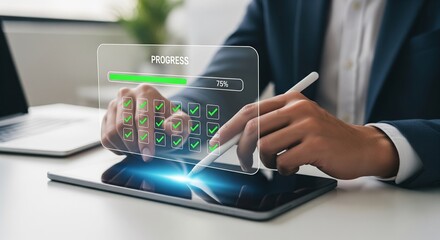 Digital Progress in Business: Hands working on a tablet, showcasing an illustration of digital progress, marking completed tasks and milestones in a sleek, modern office setting.
