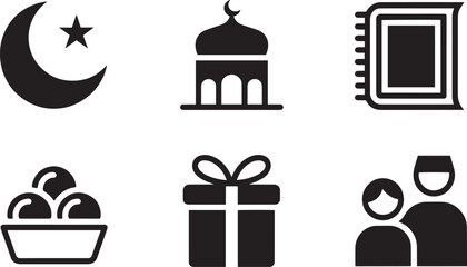 Ramadan Icons Set Crescent, Mosque, Prayer Rug, Sweets, Gift, People on Transparent Backdrop