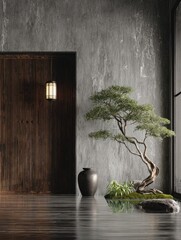 Zen-like interior with bonsai and dark wood