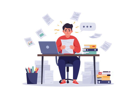 Overwhelmed businessman with too much paperwork at the desk in the office.