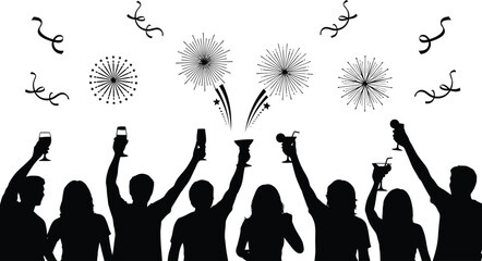 Vector art of silhouette of people celebrating with fireworks and drinks in a city