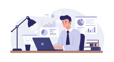 Fototapeta premium Man working on laptop with charts and graphs on screen in office.