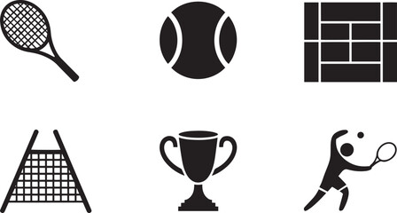 Tennis Icons Set Silhouette: Racket, Ball, Court, Net, Trophy, Player on Transparent Backdrop