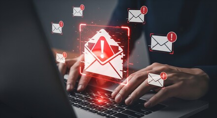 Digital Warning: An individual interacts with a laptop keyboard as virtual red alerts indicating fraudulent activity.