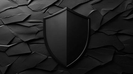Black shield symbol with abstract design and textured pattern, modern protective emblem concept representing strength, security, and defense.