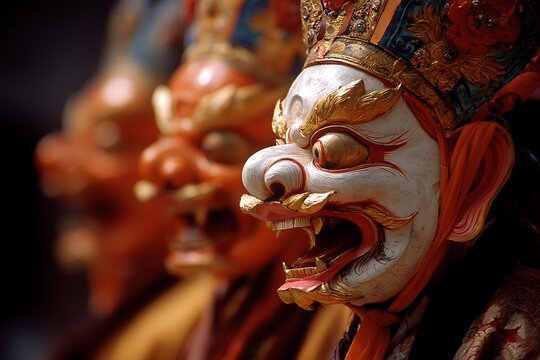 Monks wearing traditional masks during cham dance in buddhist monastery