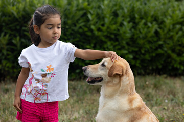 Girl gently stroking her dog's head in a vibrant backyard garden setting