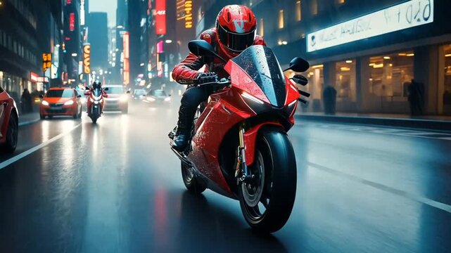 A rider in red on a matching motorbike drives down a wet street at night lights blurring in the background
