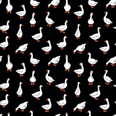 Seamless pattern of cute white cartoon style geese. Vector goose illustration on blackAdobe Illustrator Artwork