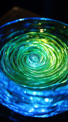 Blue and green round swirl of light with glowing circular motion, abstract neon energy waves forming a vibrant futuristic spiral pattern on dark background.