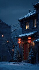 Snowy Asian town at night
