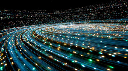 Blue and green round swirl of light with glowing circular motion, abstract neon energy waves forming a vibrant futuristic spiral pattern on dark background.