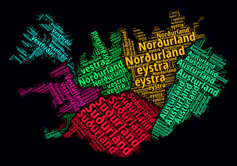 Iceland Word Cloud. Region names of the country in Icelandic language. Bright neon style design on dark background. Iceland shape with administrative division. Creative vector illustration.