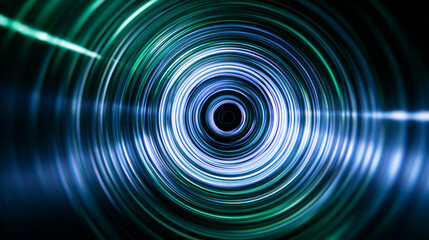 Blue and green round swirl of light with glowing circular motion, abstract neon energy waves forming a vibrant futuristic spiral pattern on dark background.