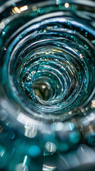 Blue and green round swirl of light with glowing circular motion, abstract neon energy waves forming a vibrant futuristic spiral pattern on dark background.
