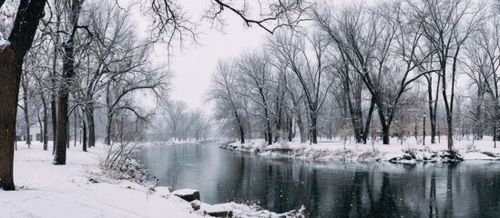 Snowy winter landscape with river and trees