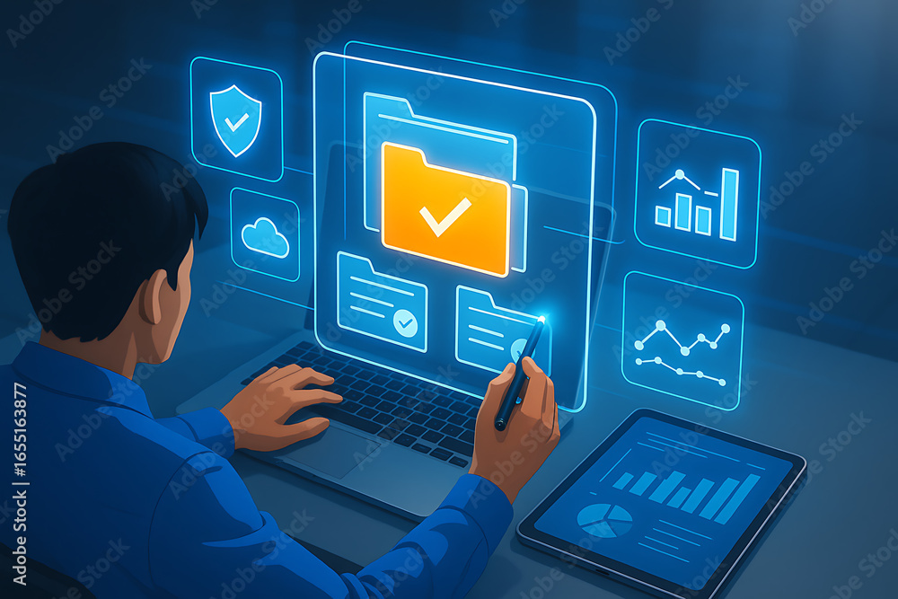 Poster businessman working on laptop computer with folder management file organization data security cloud 
