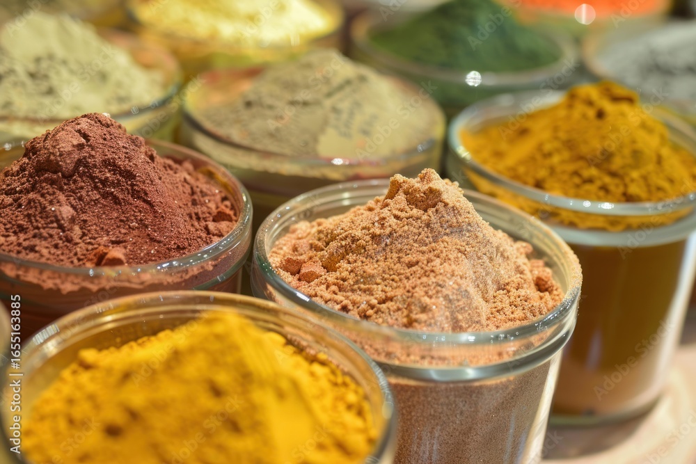 Poster various colorful spices are neatly arranged in glass jars, creating an appealing display