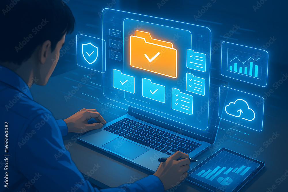 Poster businessman working on laptop computer with folder management file organization data security cloud 