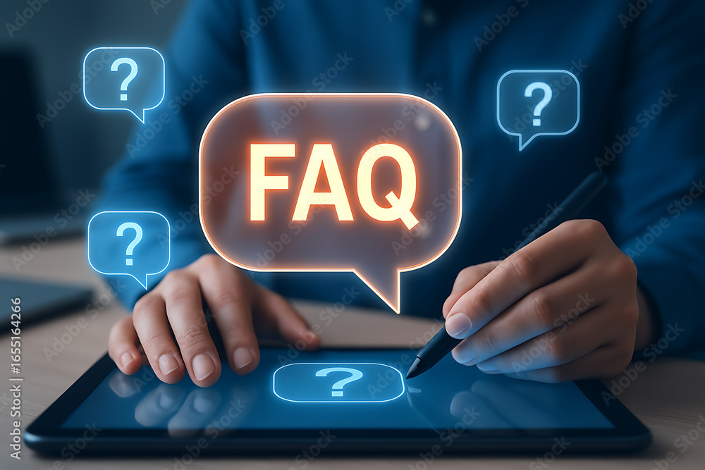 Poster frequently asked questions concept man hand holding pen touching digital tablet with faq chat speech