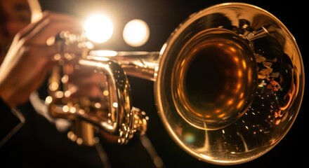 Close-up of shiny trumpet with performer in warm concert lighting