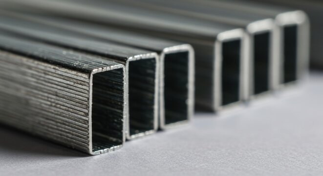 Macro view of a row of metal staples on a light surface