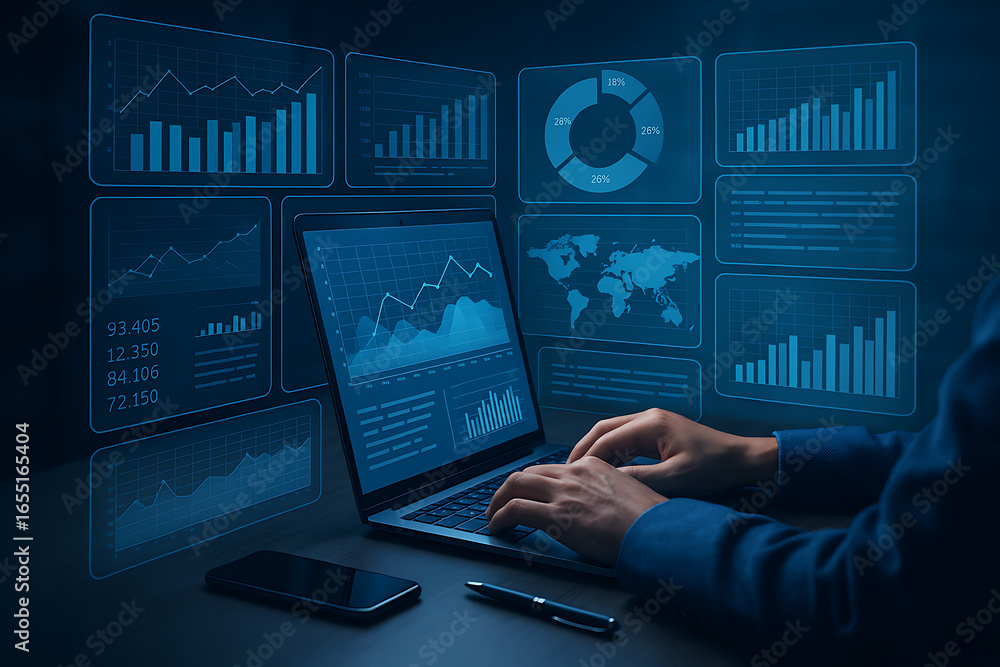 Poster businessman working on a laptop with a transparent virtual screen displaying various business dashbo