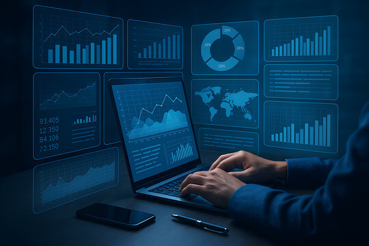 Businessman working on a laptop with a transparent virtual screen displaying various business dashboards, charts, and graphs, representing data analysis and financial reports