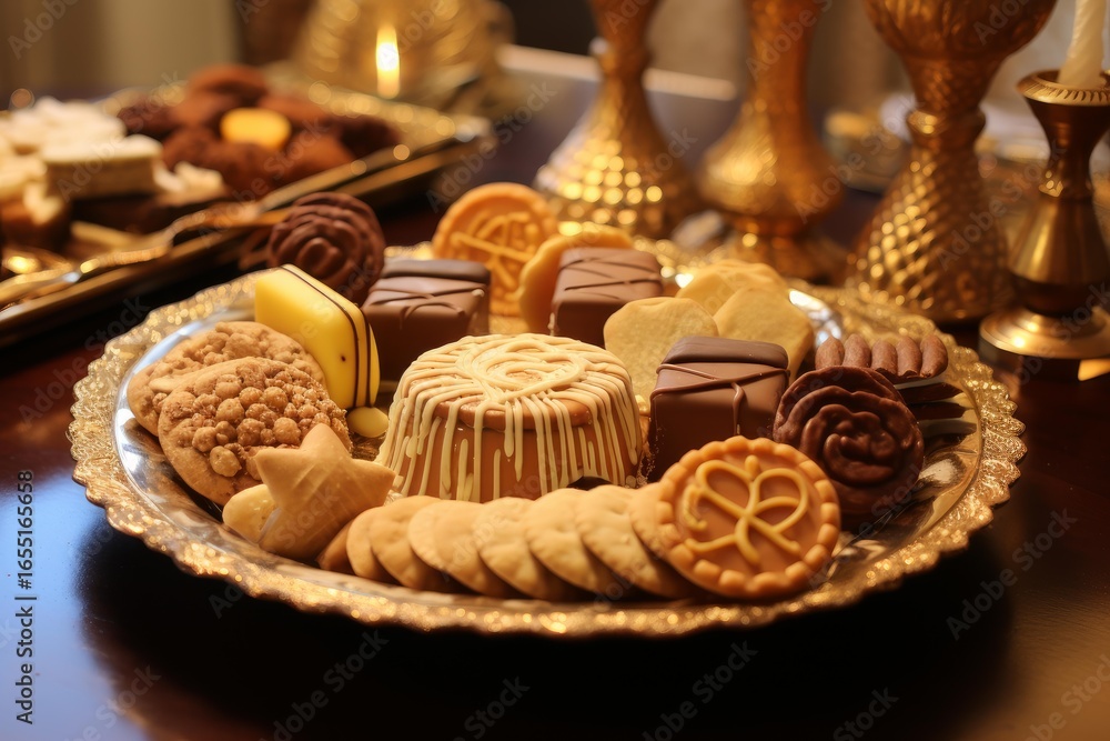 Poster golden tray displaying an assortment of cookies and pastries, creating a warm and inviting atmospher