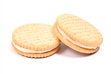 two cookies with cream filling on a white surface