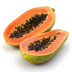 Ripe papaya halved showing seeds isolated on white background