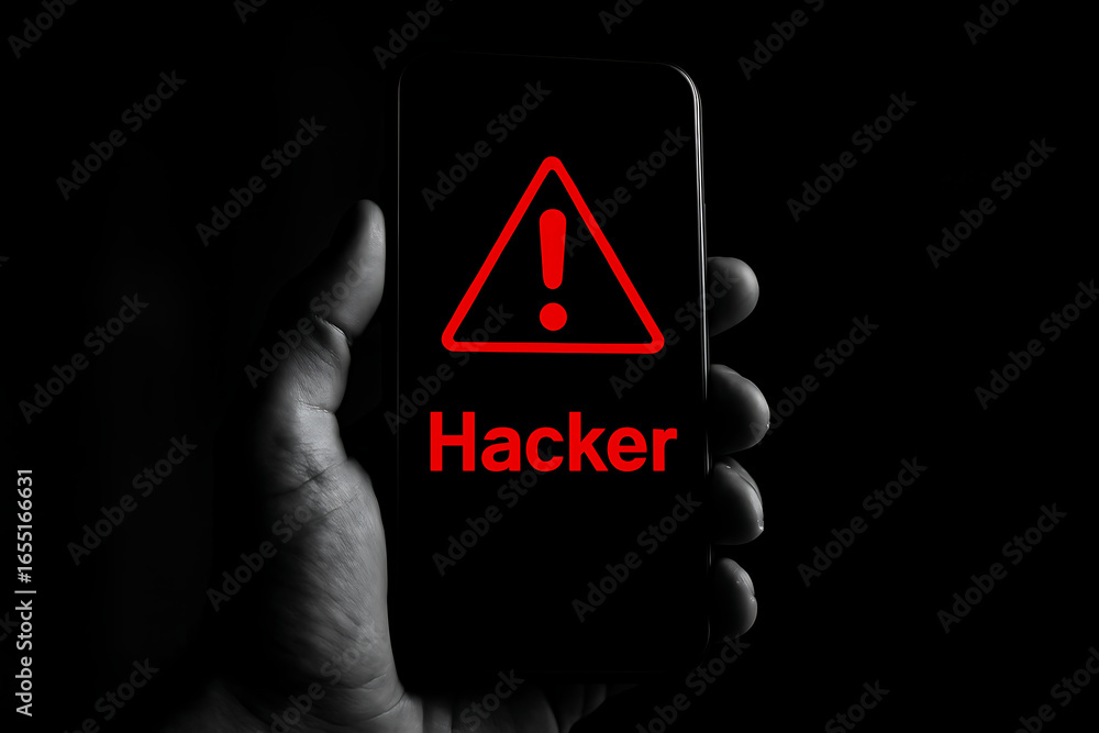 Poster a hand holding a smartphone displaying a red warning triangle and the word hacker, symbolizing cyber