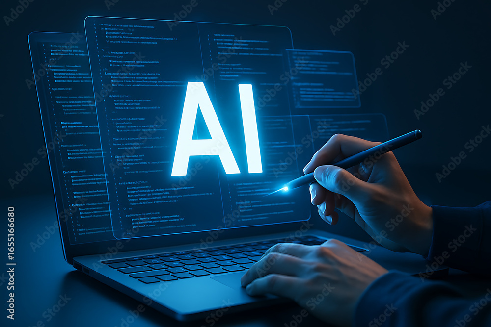 Poster a man's hand uses a stylus to work on a laptop displaying a glowing ai text with abstract code and d