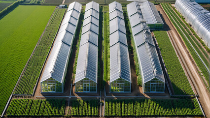 Symmetrical aerial view of industrial greenhouses reflecting sunlight