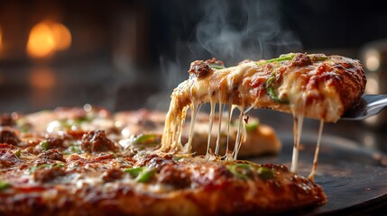 Hot and Cheesy Pizza Slice with Melting Cheese